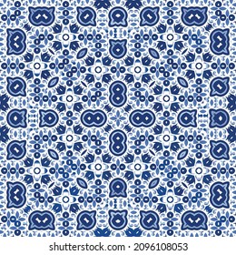 Portuguese ornamental azulejo ceramic. Geometric design. Vector seamless pattern poster. Blue vintage backdrop for wallpaper, web background, towels, print, surface texture, pillows.