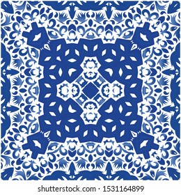 Portuguese ornamental azulejo ceramic. Graphic design. Vector seamless pattern trellis. Blue vintage backdrop for wallpaper, web background, towels, print, surface texture, pillows.