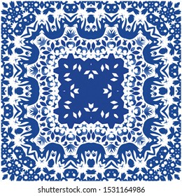 Portuguese ornamental azulejo ceramic. Graphic design. Vector seamless pattern trellis. Blue vintage backdrop for wallpaper, web background, towels, print, surface texture, pillows.