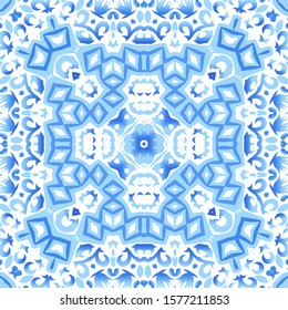 Portuguese ornamental azulejo ceramic. Graphic design. Vector seamless pattern trellis. Blue vintage backdrop for wallpaper, web background, towels, print, surface texture, pillows.