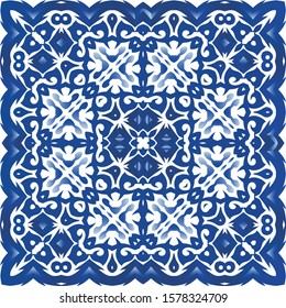 Portuguese ornamental azulejo ceramic. Graphic design. Vector seamless pattern trellis. Blue vintage backdrop for wallpaper, web background, towels, print, surface texture, pillows.