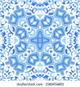 Portuguese ornamental azulejo ceramic. Graphic design. Vector seamless pattern trellis. Blue vintage backdrop for wallpaper, web background, towels, print, surface texture, pillows.