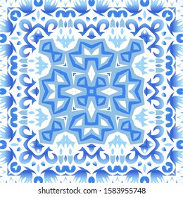 Portuguese ornamental azulejo ceramic. Graphic design. Vector seamless pattern trellis. Blue vintage backdrop for wallpaper, web background, towels, print, surface texture, pillows.