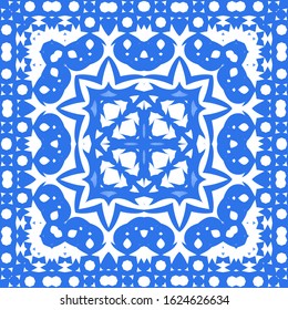 Portuguese ornamental azulejo ceramic. Graphic design. Vector seamless pattern trellis. Blue vintage backdrop for wallpaper, web background, towels, print, surface texture, pillows.