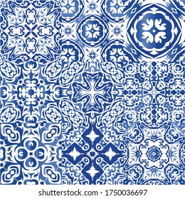 Portuguese ornamental azulejo ceramic. Graphic design. Kit of vector seamless patterns. Blue vintage backdrops for wallpaper, web background, towels, print, surface texture, pillows.