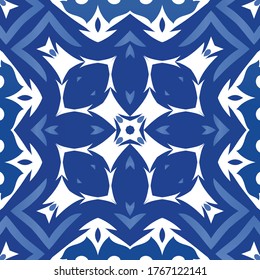 Portuguese ornamental azulejo ceramic. Graphic design. Vector seamless pattern trellis. Blue vintage backdrop for wallpaper, web background, towels, print, surface texture, pillows.