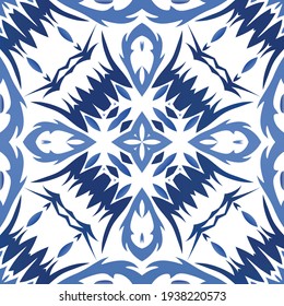 Portuguese ornamental azulejo ceramic. Graphic design. Vector seamless pattern illustration. Blue vintage backdrop for wallpaper, web background, towels, print, surface texture, pillows.