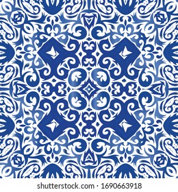 Portuguese ornamental azulejo ceramic. Hand drawn design. Vector seamless pattern frame. Blue vintage backdrop for wallpaper, web background, towels, print, surface texture, pillows.