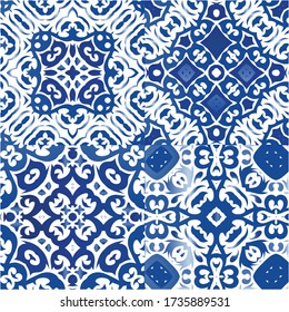 Portuguese ornamental azulejo ceramic. Hand drawn design. Set of vector seamless patterns. Blue vintage backdrops for wallpaper, web background, towels, print, surface texture, pillows.