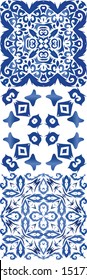 Portuguese ornamental azulejo ceramic. Kit of vector seamless patterns. Bathroom design. Blue vintage backdrops for wallpaper, web background, towels, print, surface texture, pillows.