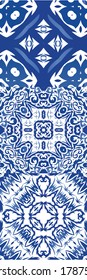 Portuguese ornamental azulejo ceramic. Kit of vector seamless patterns. Stylish design. Blue vintage backdrops for wallpaper, web background, towels, print, surface texture, pillows.