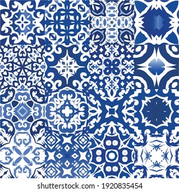 Portuguese ornamental azulejo ceramic. Kit of vector seamless patterns. Creative design. Blue vintage backdrops for wallpaper, web background, towels, print, surface texture, pillows.