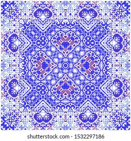 Portuguese ornamental azulejo ceramic. Kitchen design. Vector seamless pattern flyer. Blue vintage backdrop for wallpaper, web background, towels, print, surface texture, pillows.