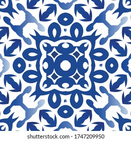 Portuguese ornamental azulejo ceramic. Kitchen design. Vector seamless pattern theme. Blue vintage backdrop for wallpaper, web background, towels, print, surface texture, pillows.