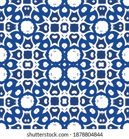 Portuguese ornamental azulejo ceramic. Kitchen design. Vector seamless pattern template. Blue vintage backdrop for wallpaper, web background, towels, print, surface texture, pillows.