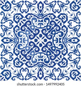Portuguese ornamental azulejo ceramic. Minimal design. Vector seamless pattern concept. Blue vintage backdrop for wallpaper, web background, towels, print, surface texture, pillows.