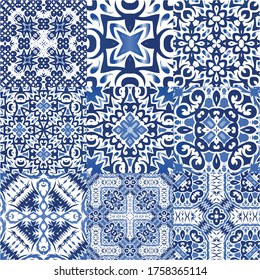 Portuguese ornamental azulejo ceramic. Minimal design. Set of vector seamless patterns. Blue vintage backdrops for wallpaper, web background, towels, print, surface texture, pillows.
