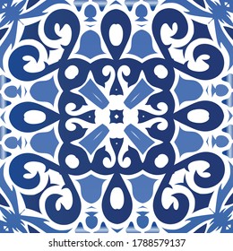 Portuguese ornamental azulejo ceramic. Minimal design. Vector seamless pattern texture. Blue vintage backdrop for wallpaper, web background, towels, print, surface texture, pillows.