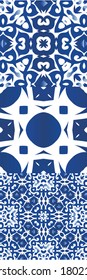 Portuguese ornamental azulejo ceramic. Minimal design. Collection of vector seamless patterns. Blue vintage backdrops for wallpaper, web background, towels, print, surface texture, pillows.