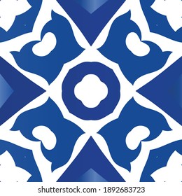 Portuguese ornamental azulejo ceramic. Minimal design. Vector seamless pattern texture. Blue vintage backdrop for wallpaper, web background, towels, print, surface texture, pillows.