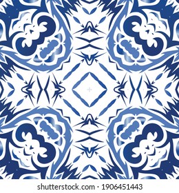 Portuguese ornamental azulejo ceramic. Minimal design. Vector seamless pattern texture. Blue vintage backdrop for wallpaper, web background, towels, print, surface texture, pillows.