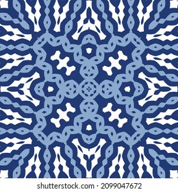 Portuguese ornamental azulejo ceramic. Minimal design. Vector seamless pattern elements. Blue vintage backdrop for wallpaper, web background, towels, print, surface texture, pillows.