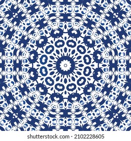 Portuguese ornamental azulejo ceramic. Minimal design. Vector seamless pattern elements. Blue vintage backdrop for wallpaper, web background, towels, print, surface texture, pillows.