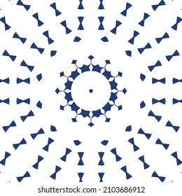 Portuguese ornamental azulejo ceramic. Minimal design. Vector seamless pattern elements. Blue vintage backdrop for wallpaper, web background, towels, print, surface texture, pillows.