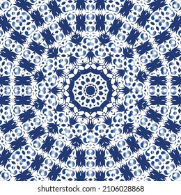 Portuguese ornamental azulejo ceramic. Minimal design. Vector seamless pattern elements. Blue vintage backdrop for wallpaper, web background, towels, print, surface texture, pillows.