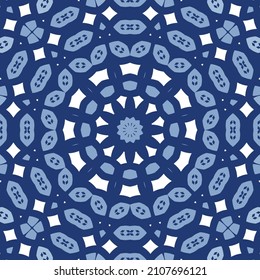 Portuguese ornamental azulejo ceramic. Minimal design. Vector seamless pattern elements. Blue vintage backdrop for wallpaper, web background, towels, print, surface texture, pillows.