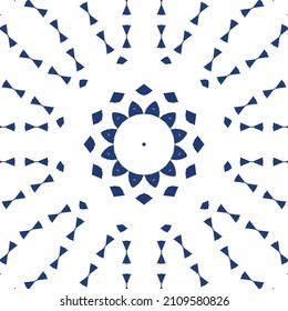Portuguese ornamental azulejo ceramic. Minimal design. Vector seamless pattern elements. Blue vintage backdrop for wallpaper, web background, towels, print, surface texture, pillows.