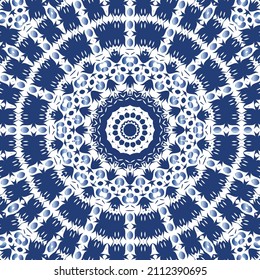 Portuguese ornamental azulejo ceramic. Minimal design. Vector seamless pattern elements. Blue vintage backdrop for wallpaper, web background, towels, print, surface texture, pillows.