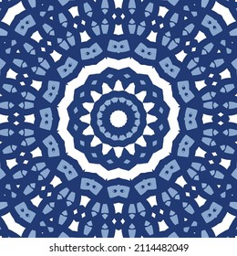 Portuguese ornamental azulejo ceramic. Minimal design. Vector seamless pattern elements. Blue vintage backdrop for wallpaper, web background, towels, print, surface texture, pillows.