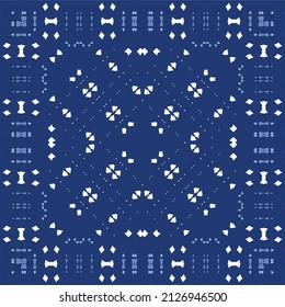 Portuguese ornamental azulejo ceramic. Minimal design. Vector seamless pattern elements. Blue vintage backdrop for wallpaper, web background, towels, print, surface texture, pillows.