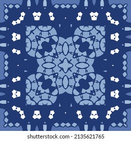 Portuguese ornamental azulejo ceramic. Minimal design. Vector seamless pattern elements. Blue vintage backdrop for wallpaper, web background, towels, print, surface texture, pillows.