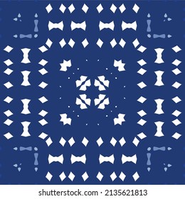 Portuguese ornamental azulejo ceramic. Minimal design. Vector seamless pattern elements. Blue vintage backdrop for wallpaper, web background, towels, print, surface texture, pillows.