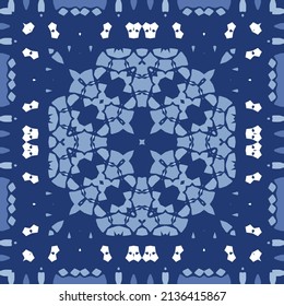 Portuguese ornamental azulejo ceramic. Minimal design. Vector seamless pattern elements. Blue vintage backdrop for wallpaper, web background, towels, print, surface texture, pillows.