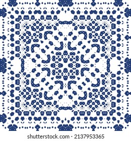 Portuguese ornamental azulejo ceramic. Minimal design. Vector seamless pattern texture. Blue vintage backdrop for wallpaper, web background, towels, print, surface texture, pillows.