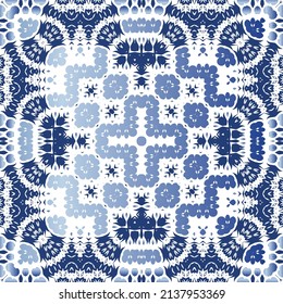 Portuguese ornamental azulejo ceramic. Minimal design. Vector seamless pattern elements. Blue vintage backdrop for wallpaper, web background, towels, print, surface texture, pillows.