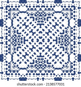 Portuguese ornamental azulejo ceramic. Minimal design. Vector seamless pattern texture. Blue vintage backdrop for wallpaper, web background, towels, print, surface texture, pillows.