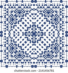 Portuguese ornamental azulejo ceramic. Minimal design. Vector seamless pattern texture. Blue vintage backdrop for wallpaper, web background, towels, print, surface texture, pillows.