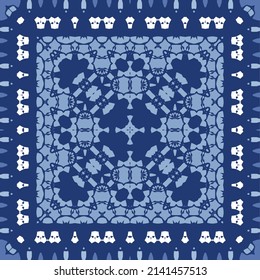 Portuguese ornamental azulejo ceramic. Minimal design. Vector seamless pattern elements. Blue vintage backdrop for wallpaper, web background, towels, print, surface texture, pillows.
