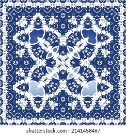 Portuguese ornamental azulejo ceramic. Minimal design. Vector seamless pattern elements. Blue vintage backdrop for wallpaper, web background, towels, print, surface texture, pillows.