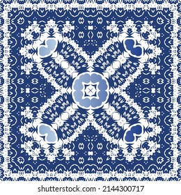 Portuguese ornamental azulejo ceramic. Minimal design. Vector seamless pattern elements. Blue vintage backdrop for wallpaper, web background, towels, print, surface texture, pillows.