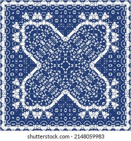 Portuguese ornamental azulejo ceramic. Minimal design. Vector seamless pattern elements. Blue vintage backdrop for wallpaper, web background, towels, print, surface texture, pillows.