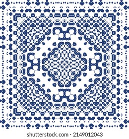 Portuguese ornamental azulejo ceramic. Minimal design. Vector seamless pattern texture. Blue vintage backdrop for wallpaper, web background, towels, print, surface texture, pillows.