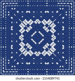 Portuguese ornamental azulejo ceramic. Minimal design. Vector seamless pattern elements. Blue vintage backdrop for wallpaper, web background, towels, print, surface texture, pillows.