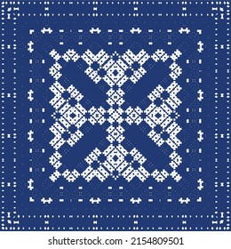 Portuguese ornamental azulejo ceramic. Minimal design. Vector seamless pattern elements. Blue vintage backdrop for wallpaper, web background, towels, print, surface texture, pillows.