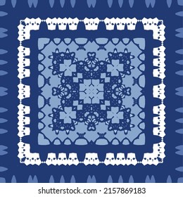 Portuguese ornamental azulejo ceramic. Minimal design. Vector seamless pattern elements. Blue vintage backdrop for wallpaper, web background, towels, print, surface texture, pillows.