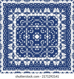 Portuguese ornamental azulejo ceramic. Minimal design. Vector seamless pattern elements. Blue vintage backdrop for wallpaper, web background, towels, print, surface texture, pillows.